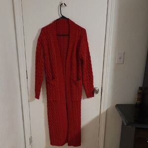 Cozy Red Cable Knit Long Cardigan
